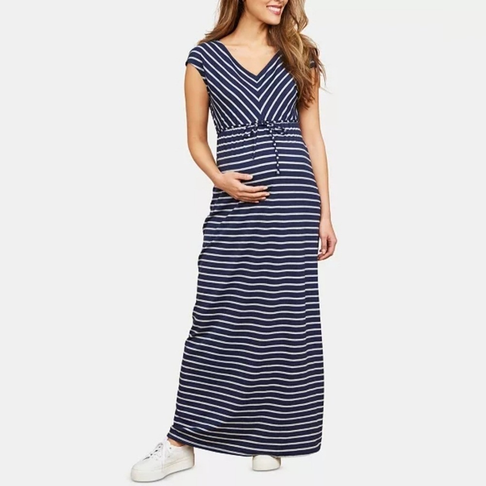 Motherhood Maternity Striped Maxi Dress Navy Blue‎ White V-Neck Drawstring Small